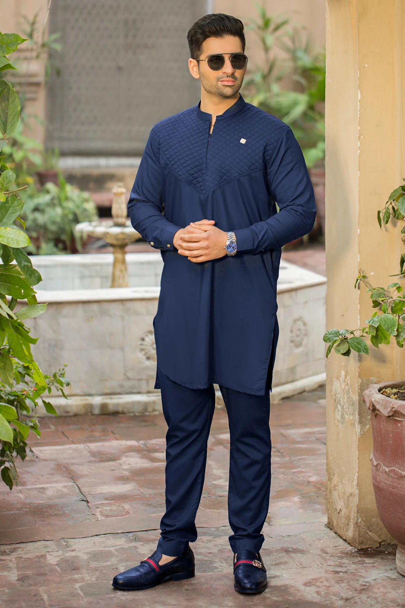 All Season Stitched Kurta Trouser with Ban -Navy - Image 2