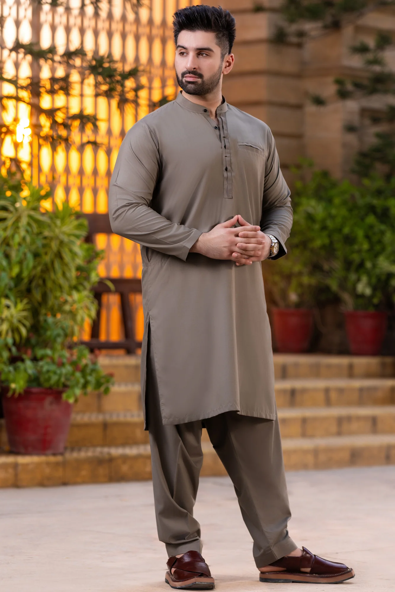 Stitched Moden Fake Pocket Shalwar Kameez - Grey