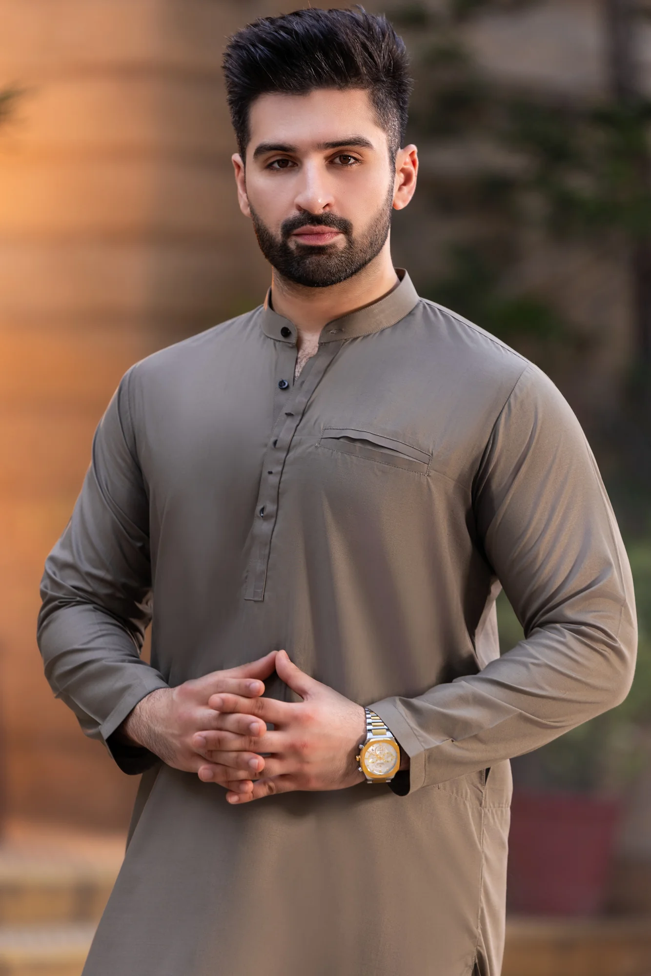 Stitched Moden Fake Pocket Shalwar Kameez - Grey - Image 2