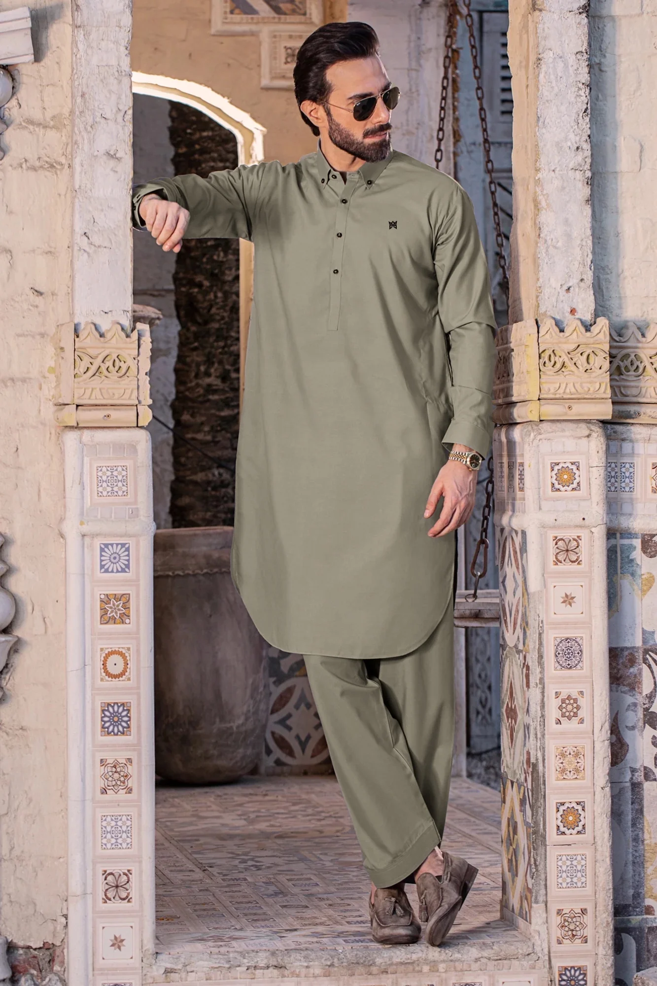 BUTTON DOWN STITCHED SUIT WITH SHALWAR - Ashgrey - Image 2