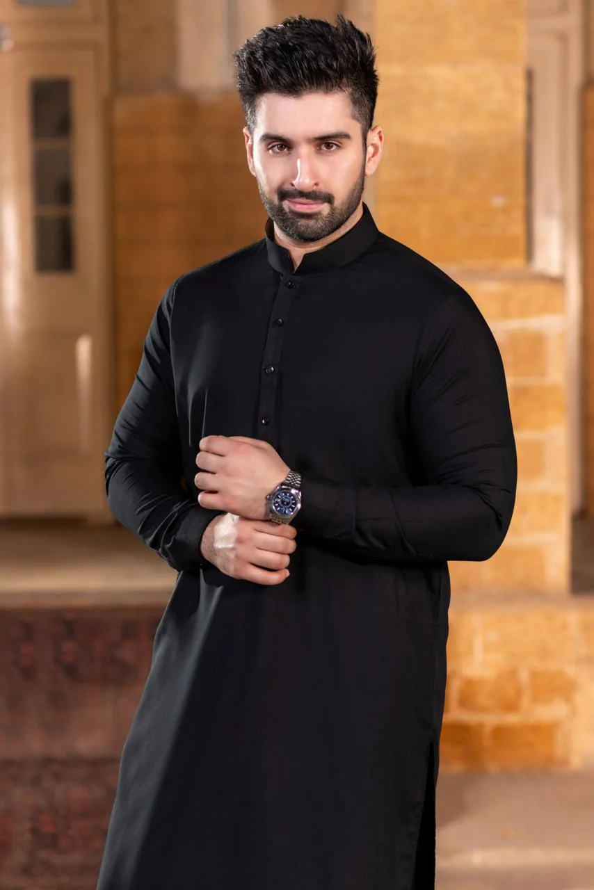 Stitched Standing Ban Shalwar Kameez - Black