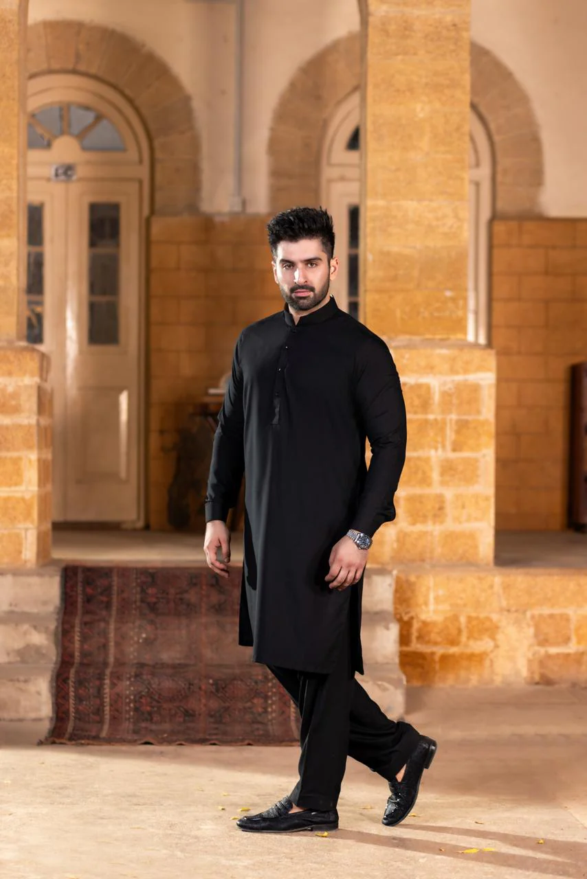 Stitched Standing Ban Shalwar Kameez - Black - Image 2
