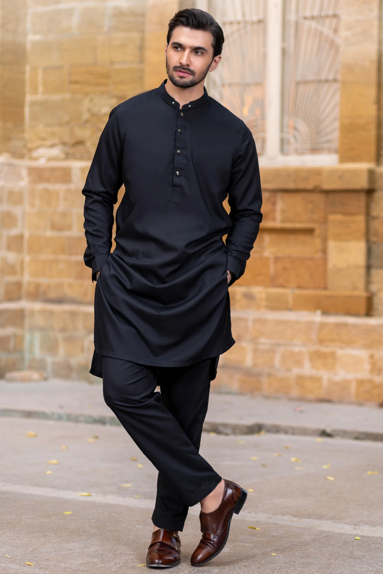 Double silver shine small button Kurta Trouser -Black - Image 2