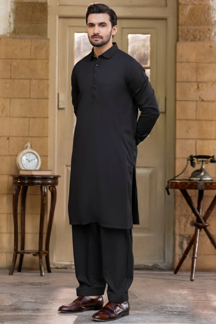 French cut collar Shalwar Kameez-Black - Image 2