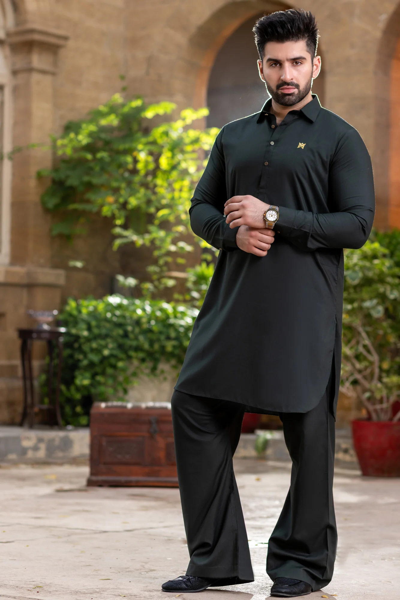 Stitched Nawabi Kameez with Farshi Shalwar - Black