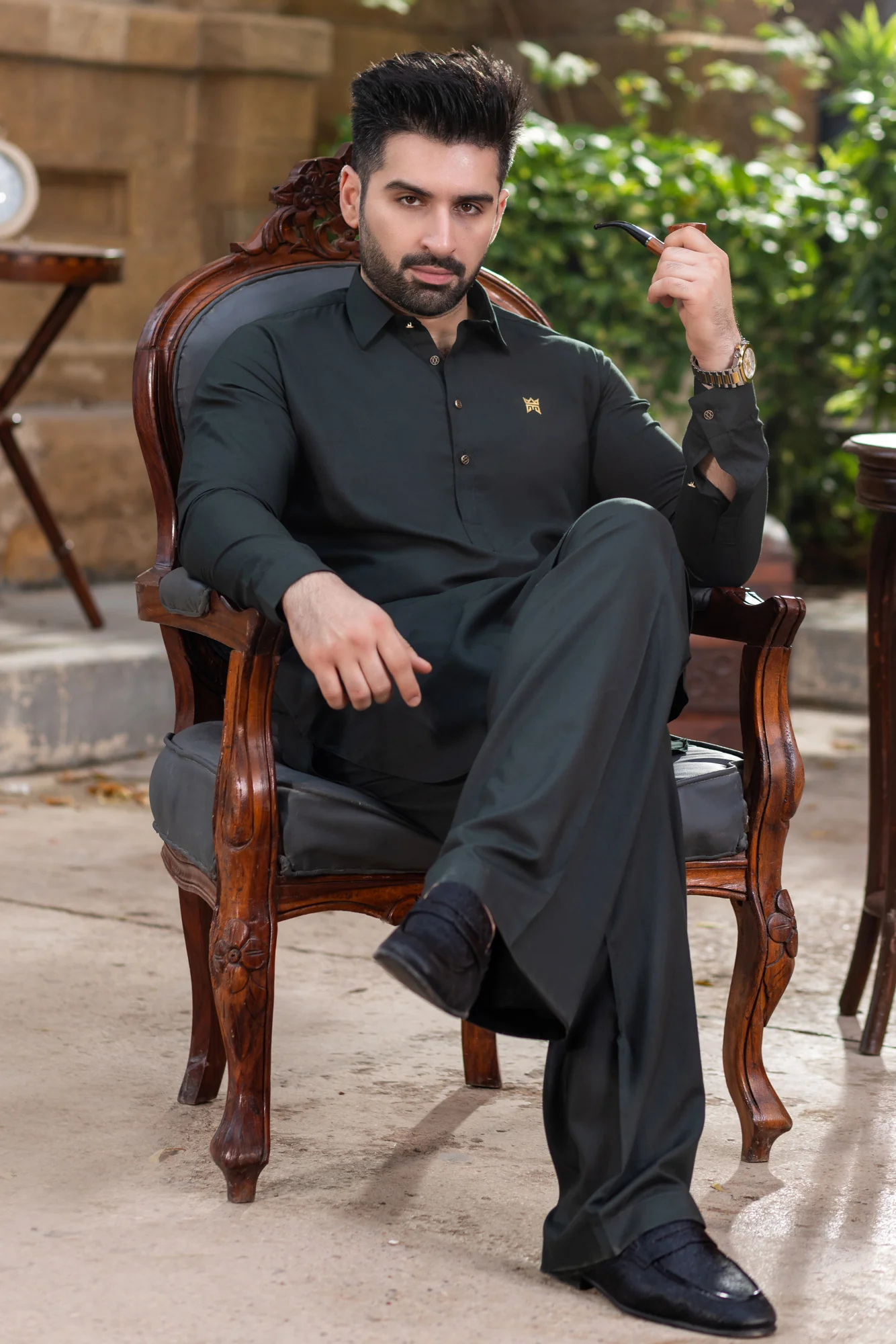 Stitched Nawabi Kameez with Farshi Shalwar - Black - Image 2
