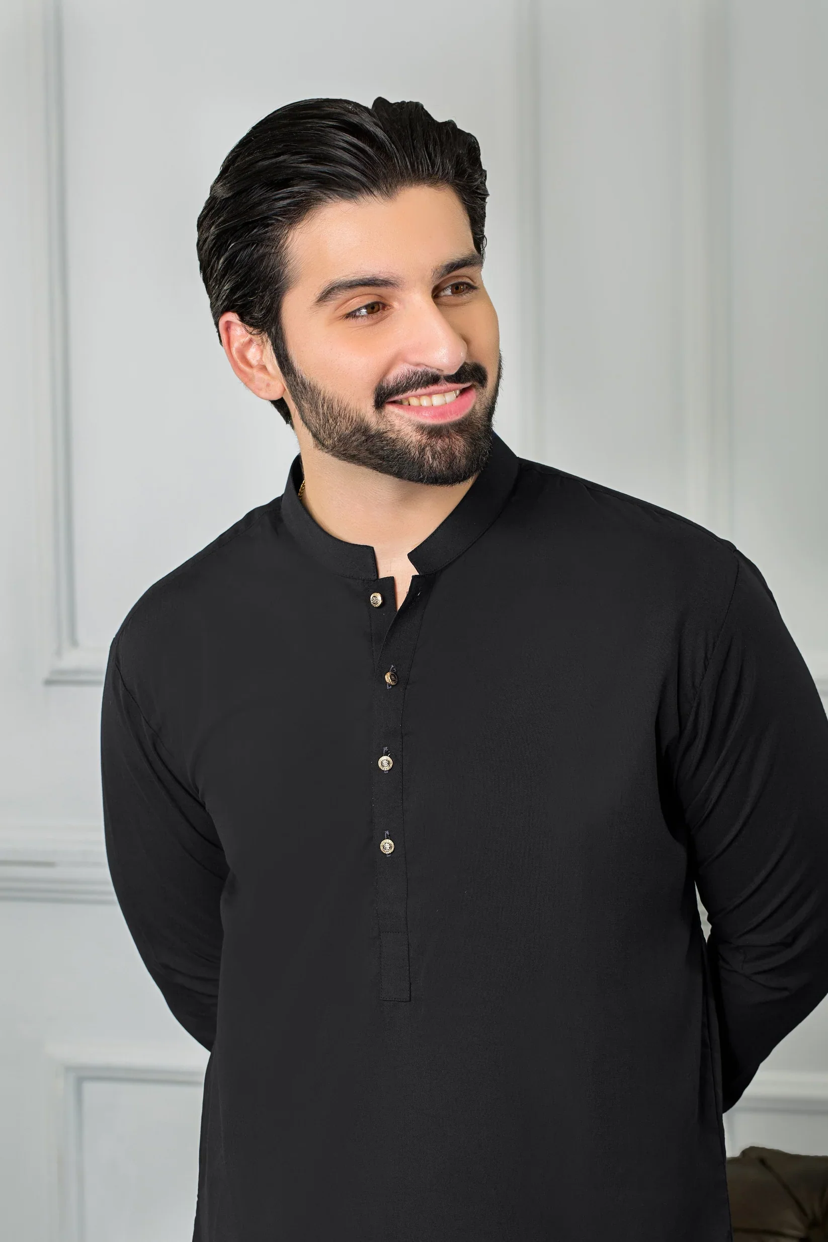 Black Nawabi Metal Button Stitched Suit Shalwar - Image 2