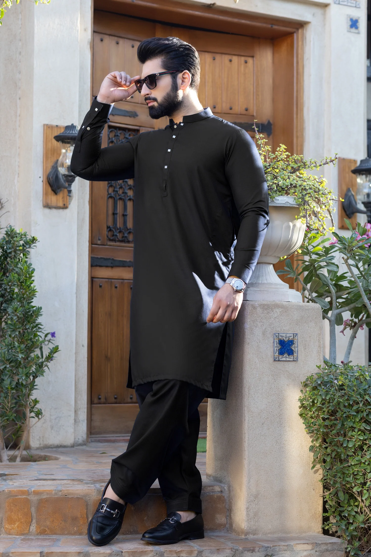 Black Nawabi Metal Button Stitched Suit Shalwar - Image 3