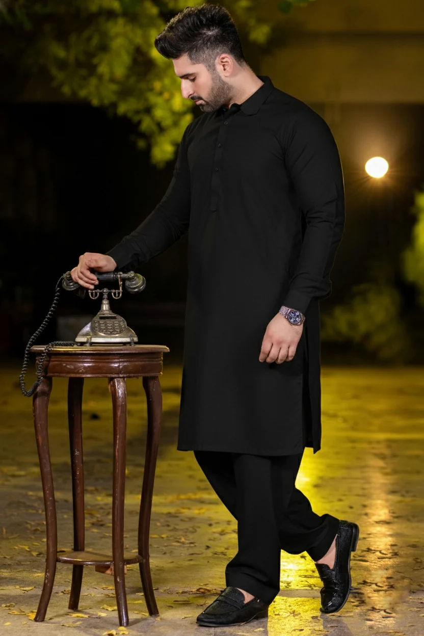 Spanish cut collar Shalwar Kameez-Black