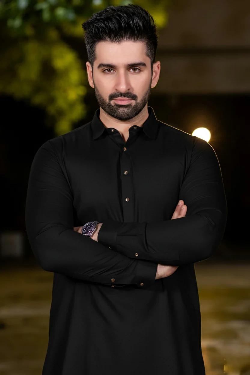 Spanish cut collar Shalwar Kameez-Black - Image 2