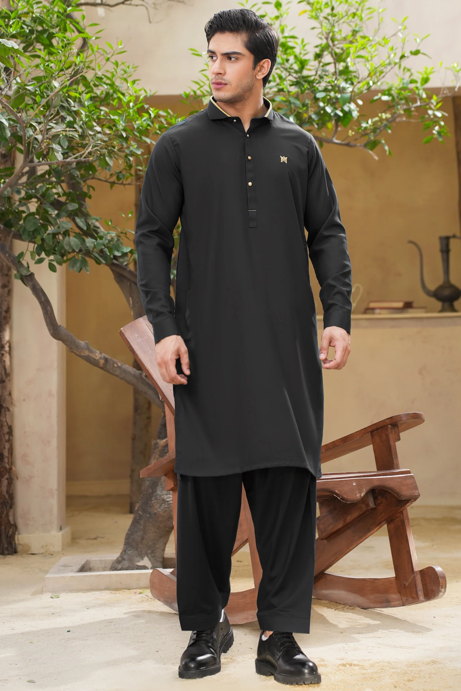 French Collar Stitched Suit with Logo - Black - Image 2