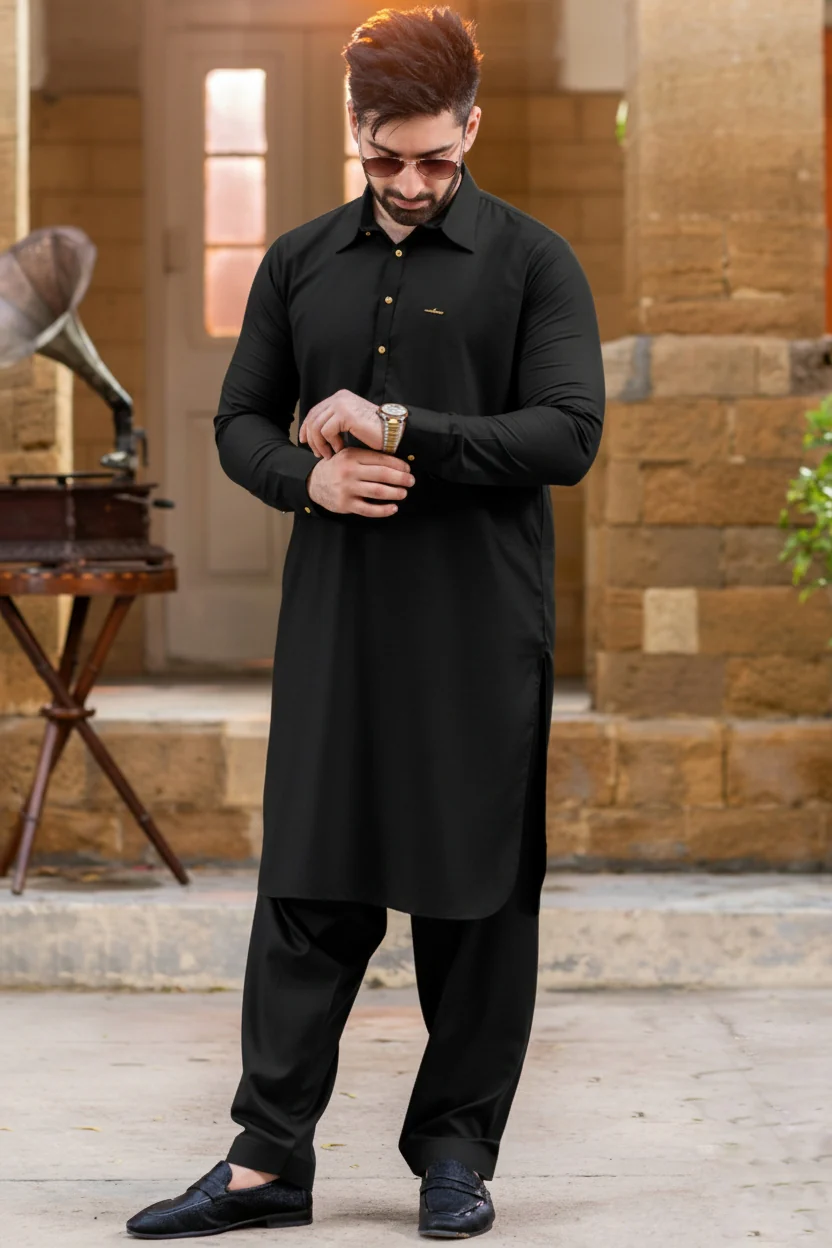 Gol gehra wide french collar  Shalwar Kameez-Black
