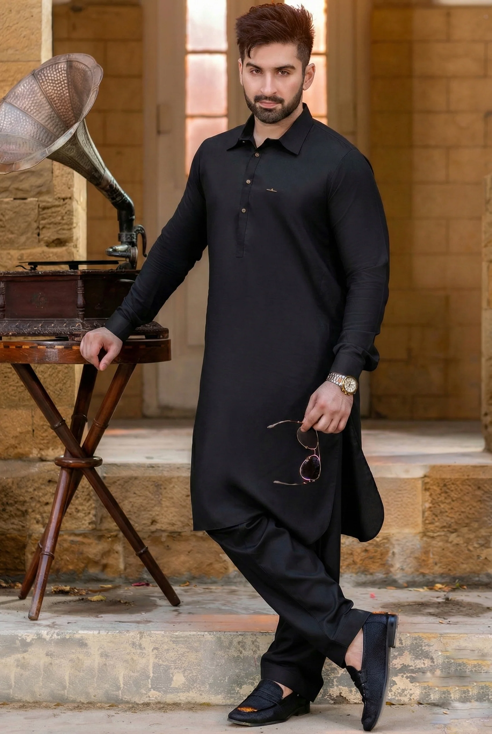 Gol gehra wide french collar  Shalwar Kameez-Black - Image 2