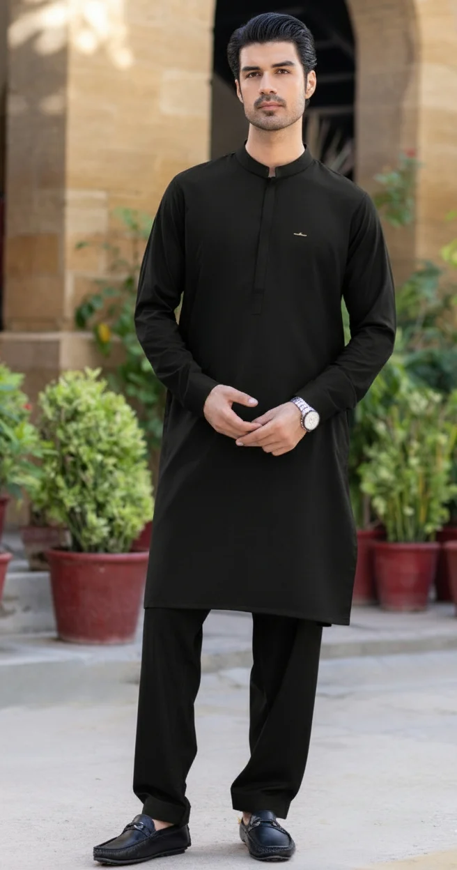 Signature xMilano Badge and Gumpatti Shalwar Kameez-Black - Image 2