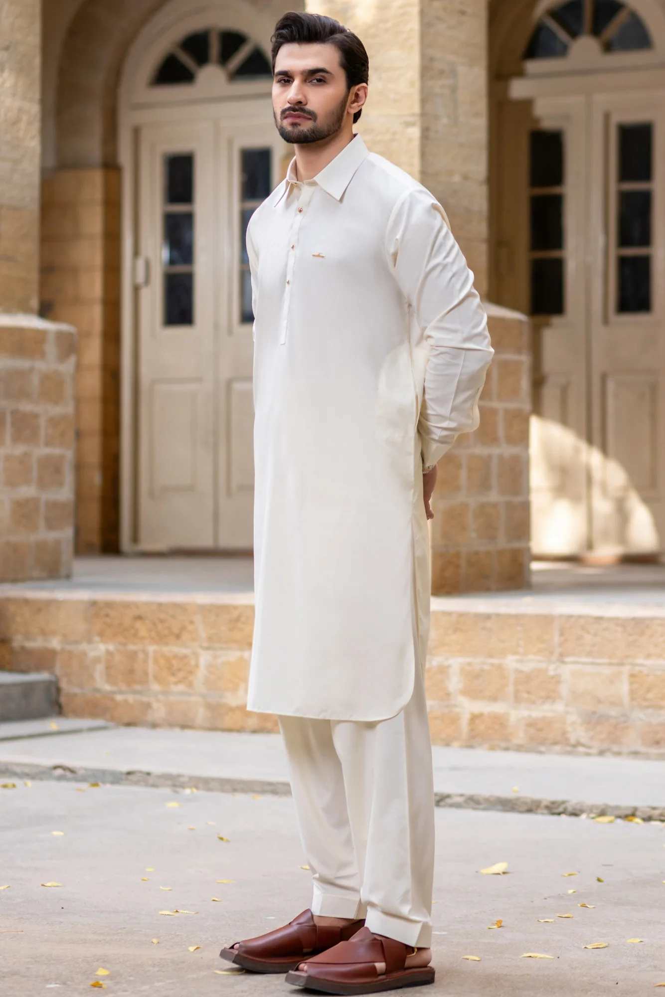 Italian collar Shalwar Kameez with signature badge-Boski