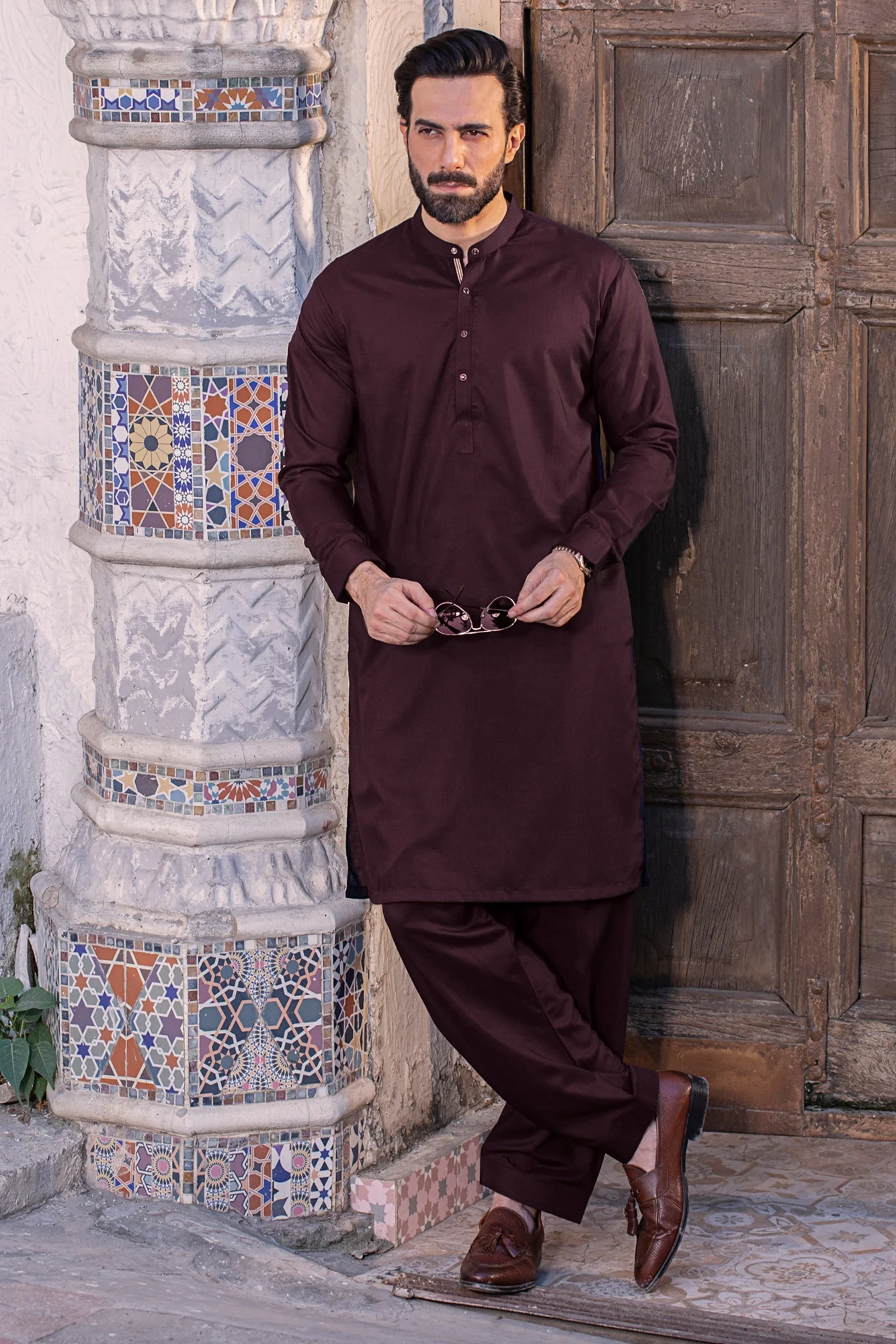 Burgundy with matching metal glass shine button inside patti stripe embroidery with shalwar - Image 2