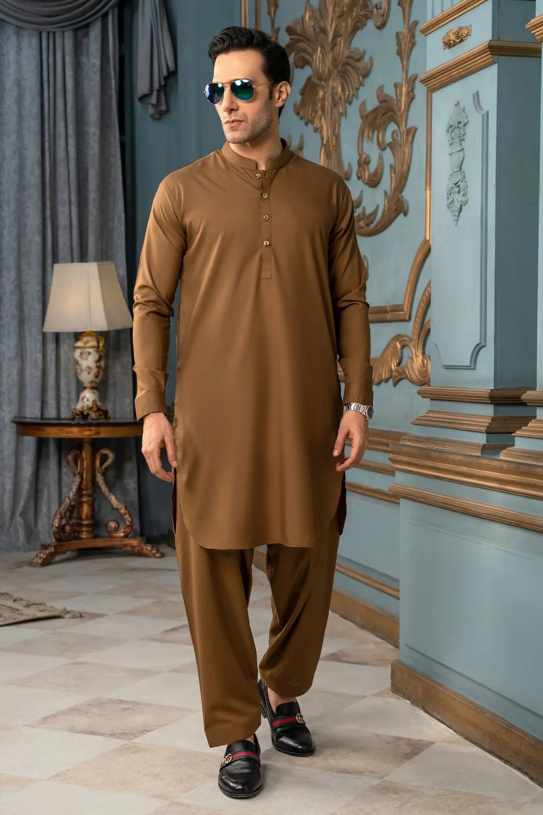 Camel Stitched Gol Gehra Suit