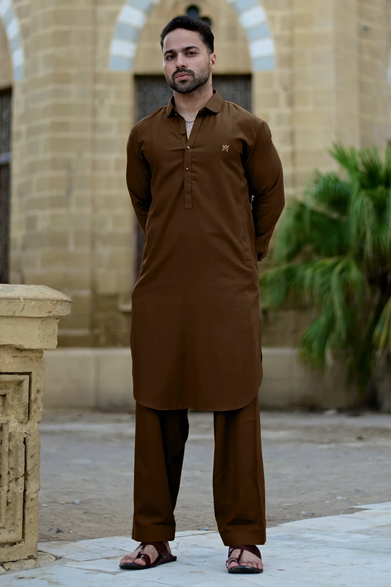 Sultan Stitched Suit with Shalwar - Coffee - Image 2