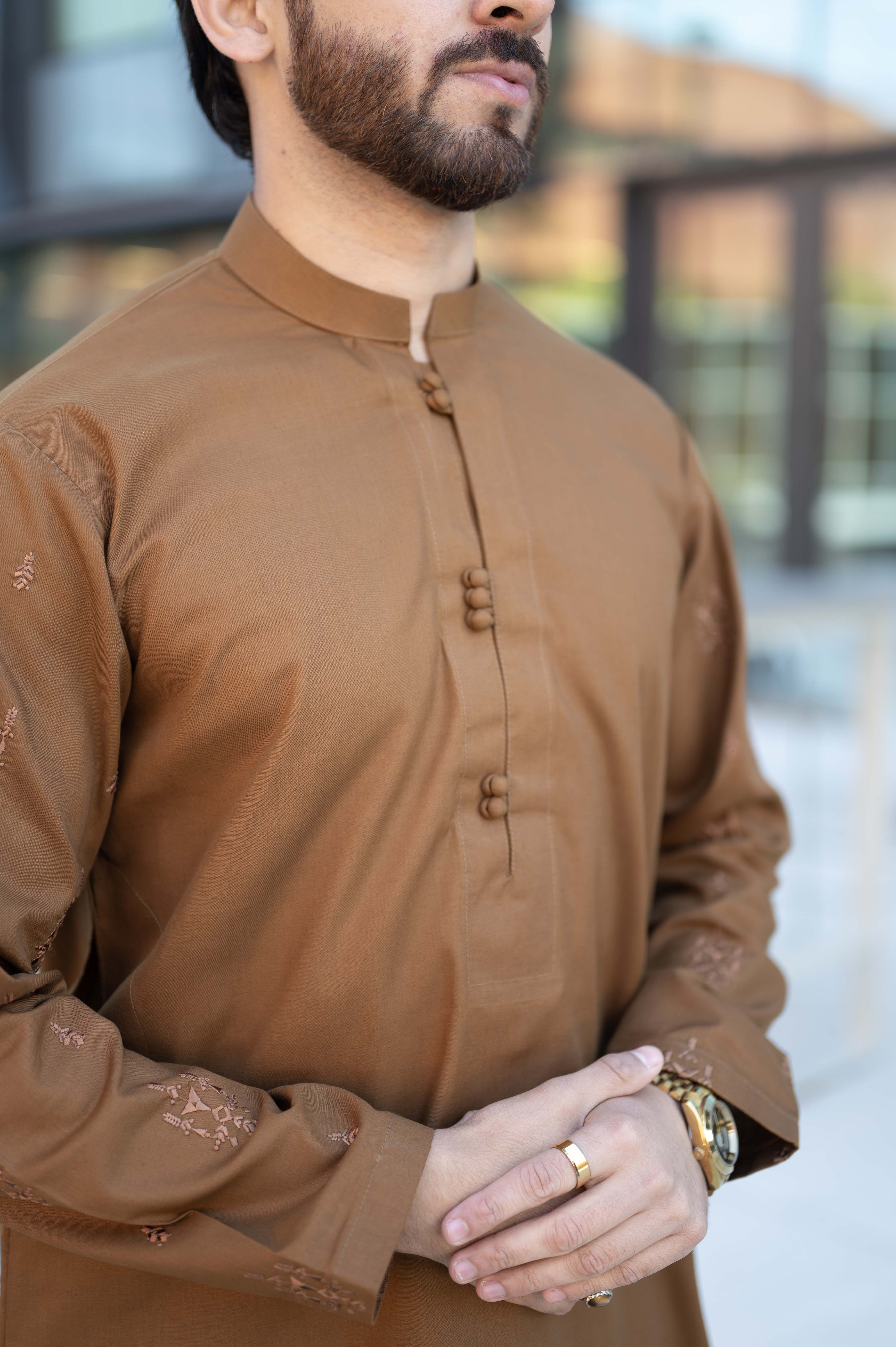 Embroidered Stiched Suit with Trouser - Camel - Image 2