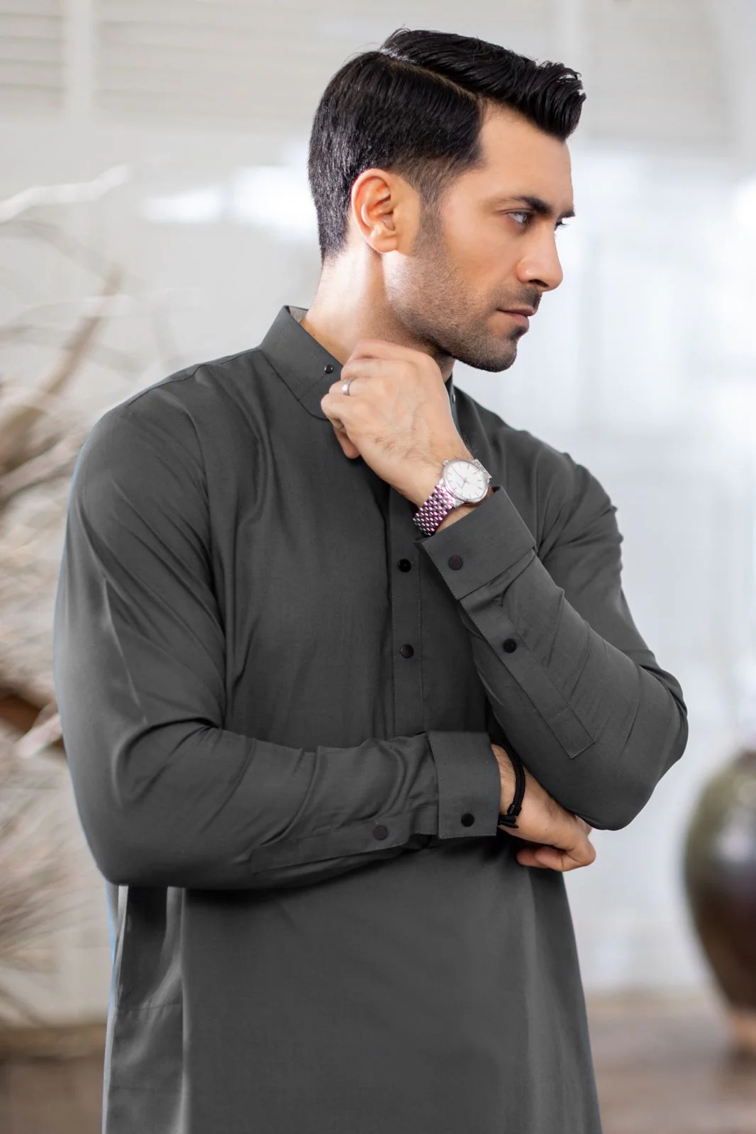 Classic Round Collar Shalwar Kameez - Charcoal