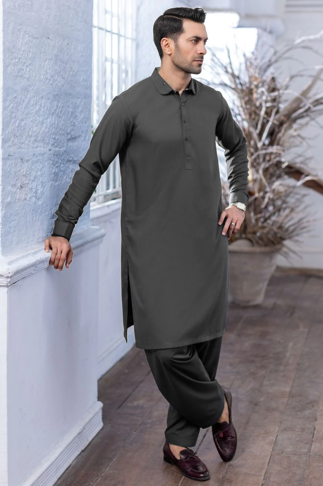 Classic Round Collar Shalwar Kameez - Charcoal - Image 2