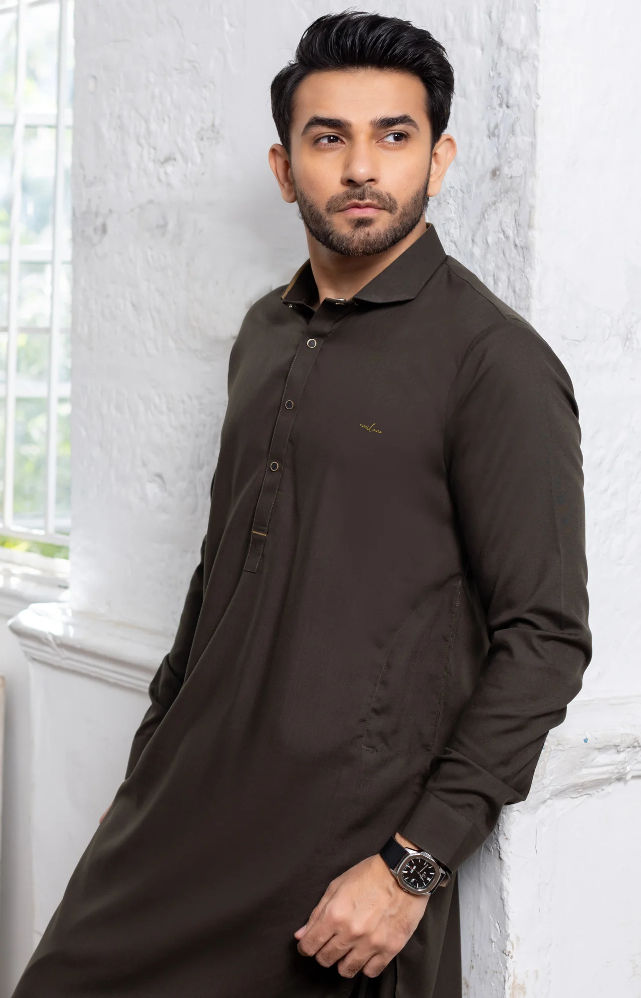 Chocolate French Cutaway Collar Stitched Suit - Image 2