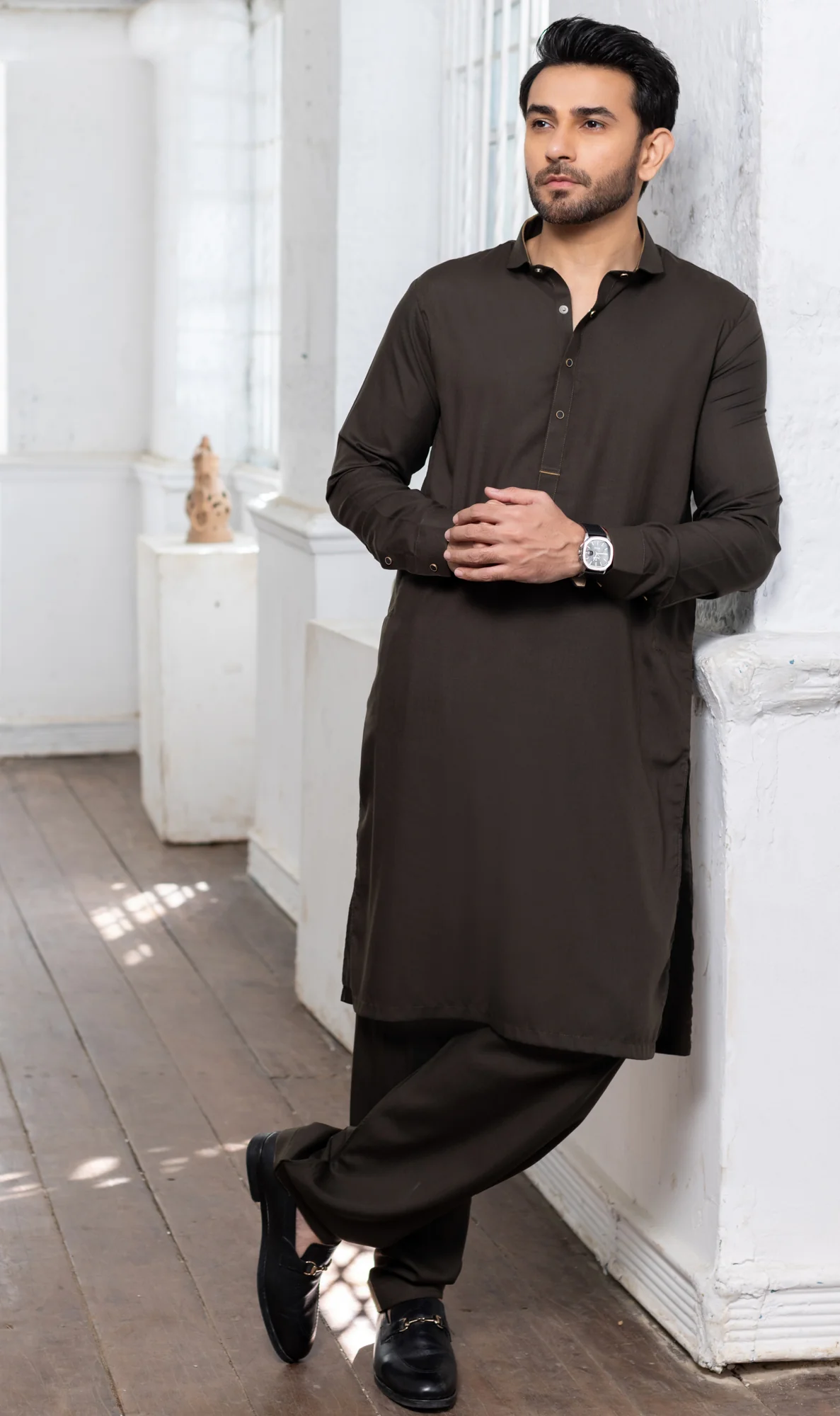 Chocolate French Cutaway Collar Stitched Suit - Image 3