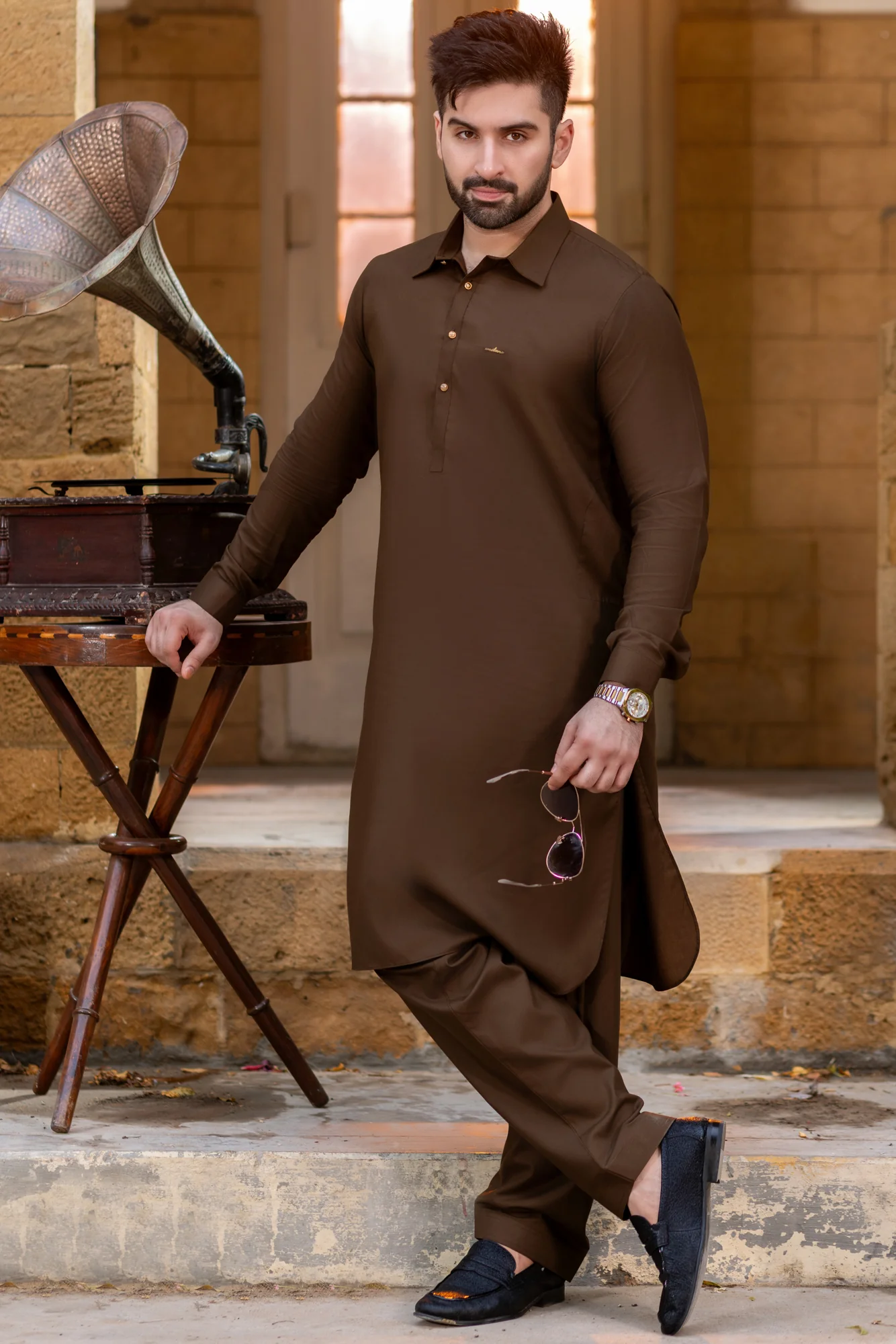 Stitched Suit with French Collar Shalwar Kameez Gol Gehra - Chocolate brown