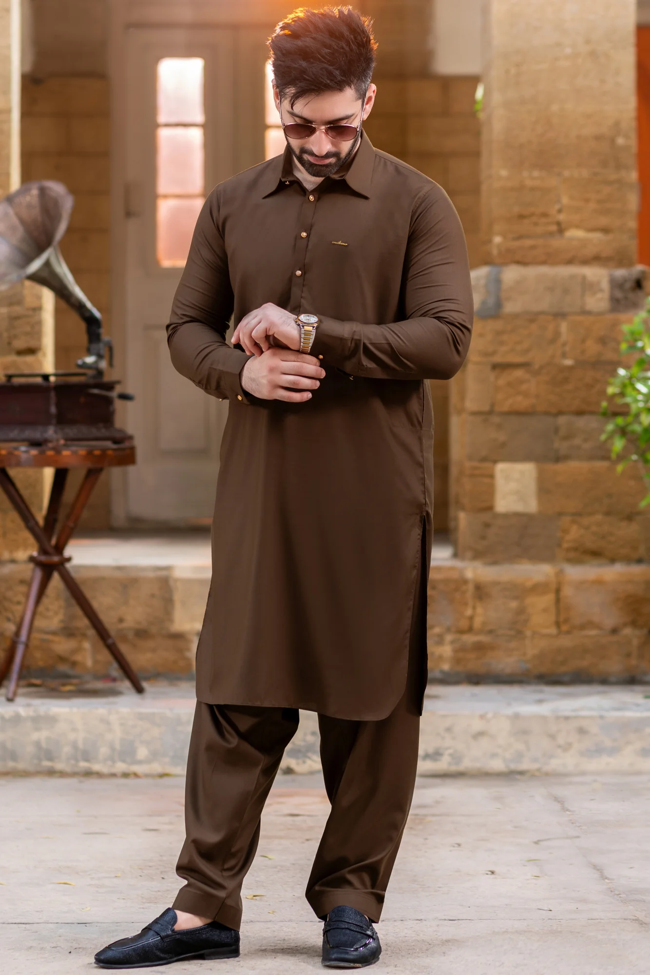 Stitched Suit with French Collar Shalwar Kameez Gol Gehra - Chocolate brown - Image 2