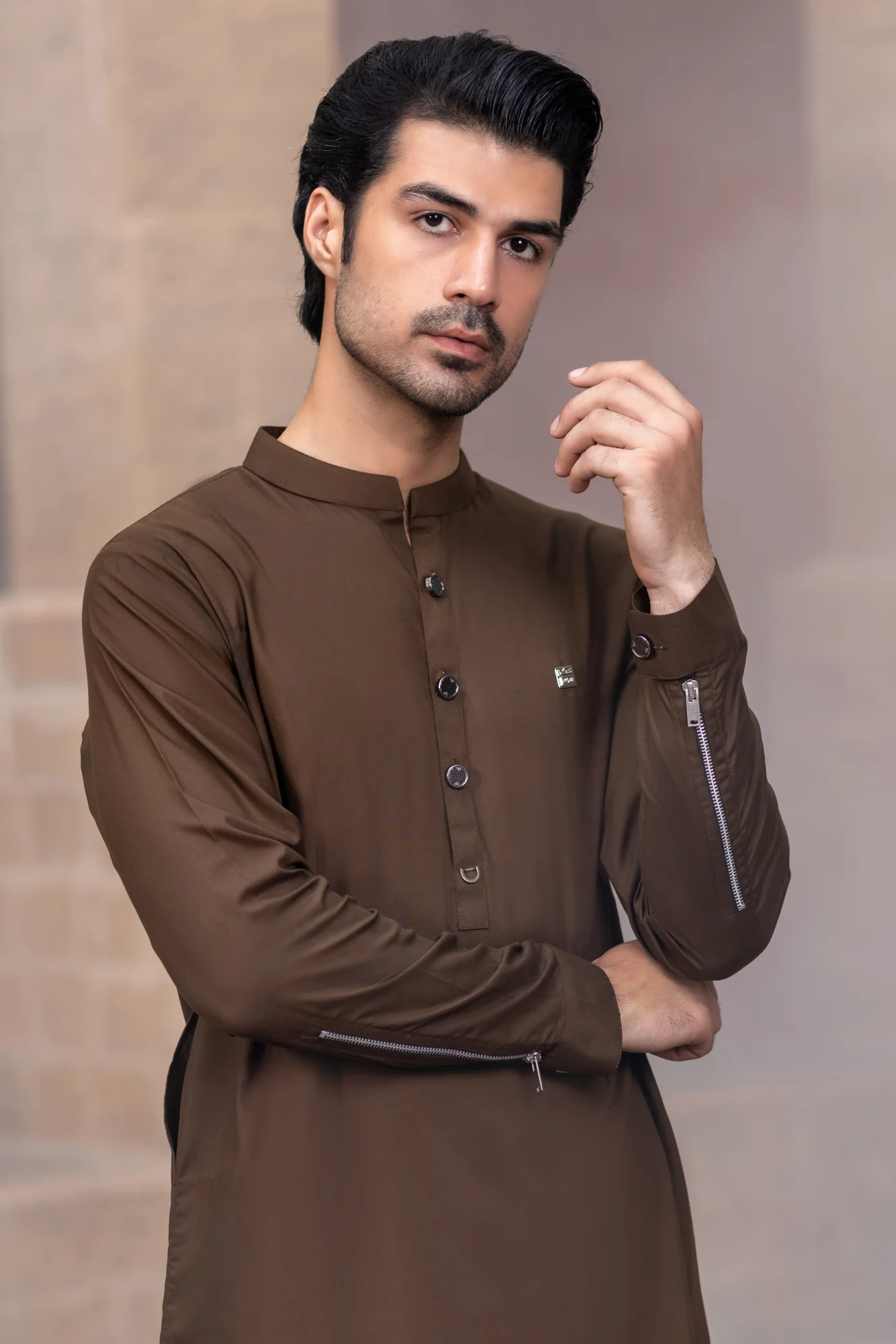 Metallic zips Kurta Trouser-Chocolate brown