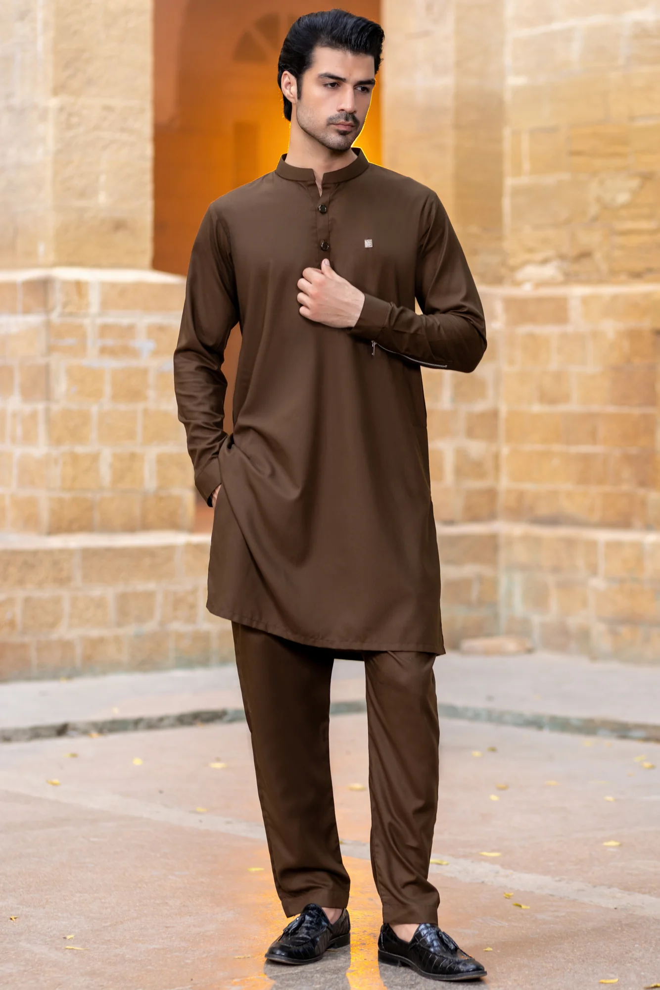 Metallic zips Kurta Trouser-Chocolate brown - Image 2
