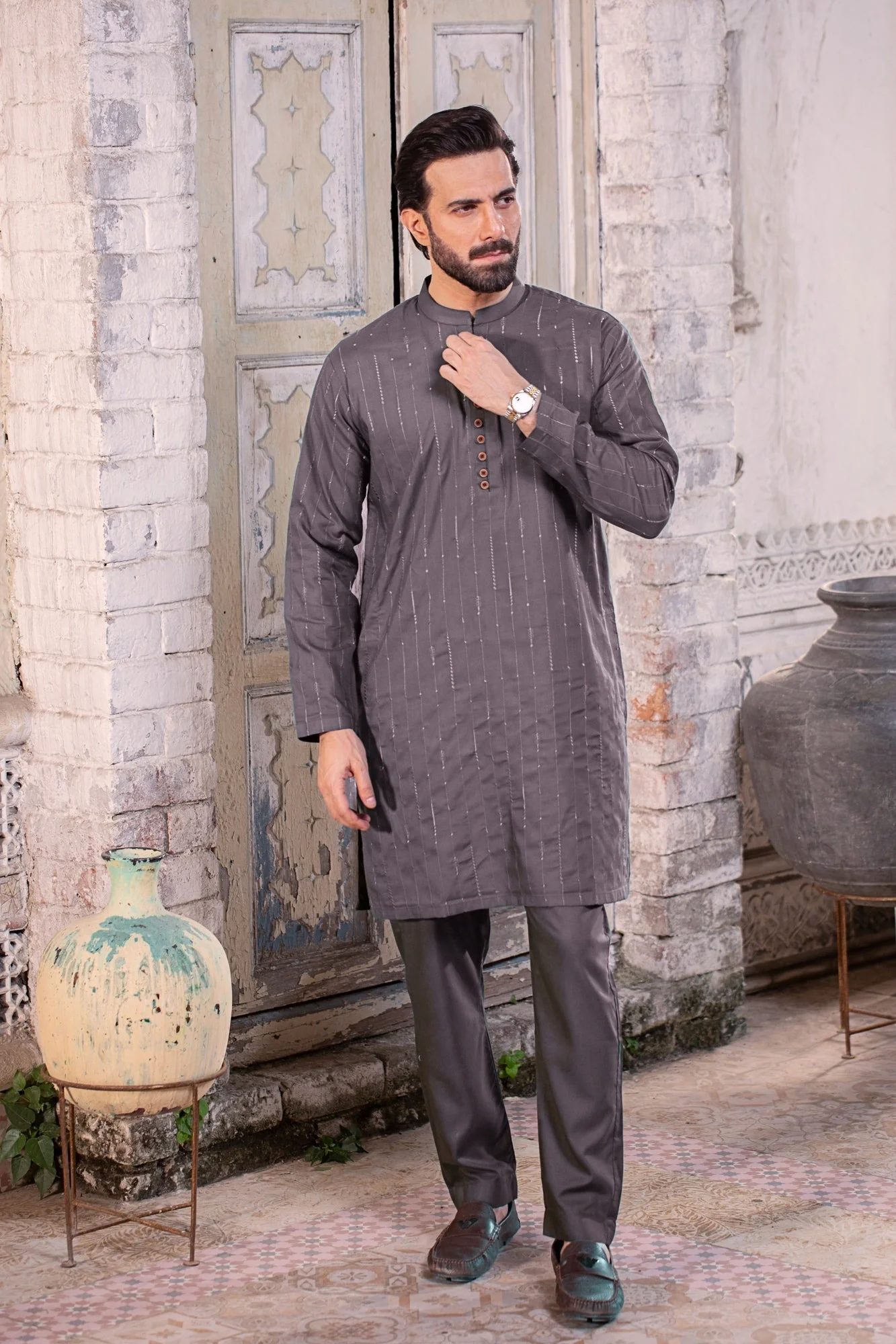 Dark Margenta Shiffle Embroidered Stitched Suit - Image 2