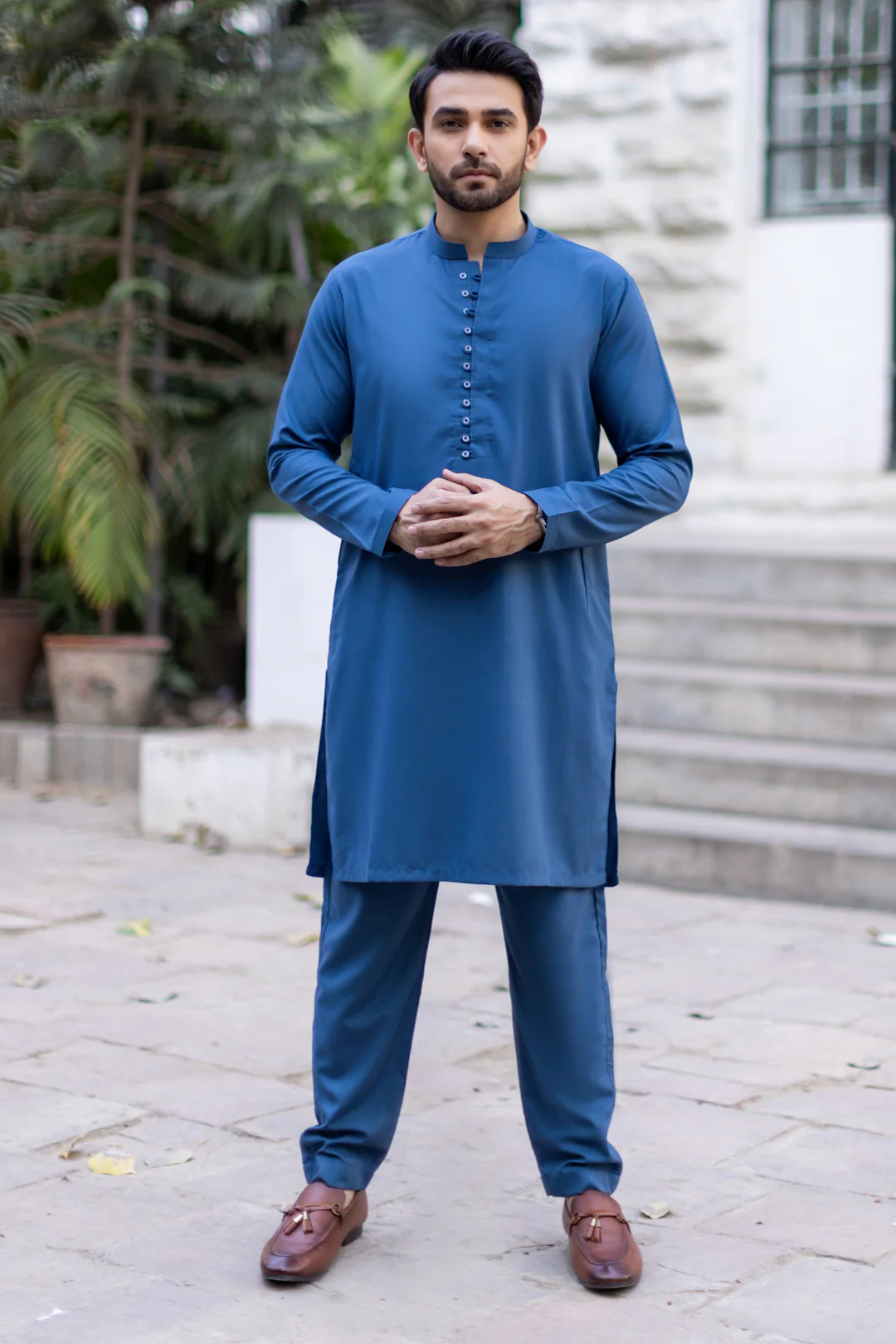 Denim Blue Hook Button Stitched Suit with Trouser
