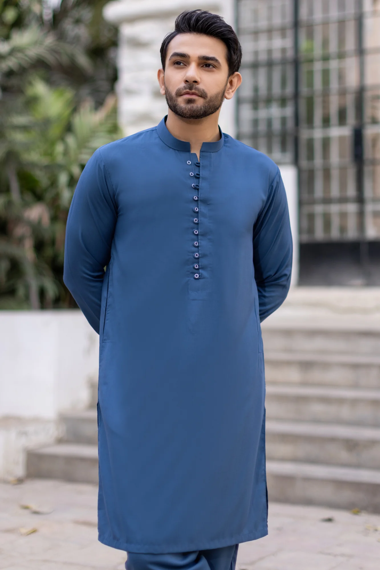 Denim Blue Hook Button Stitched Suit with Trouser - Image 2