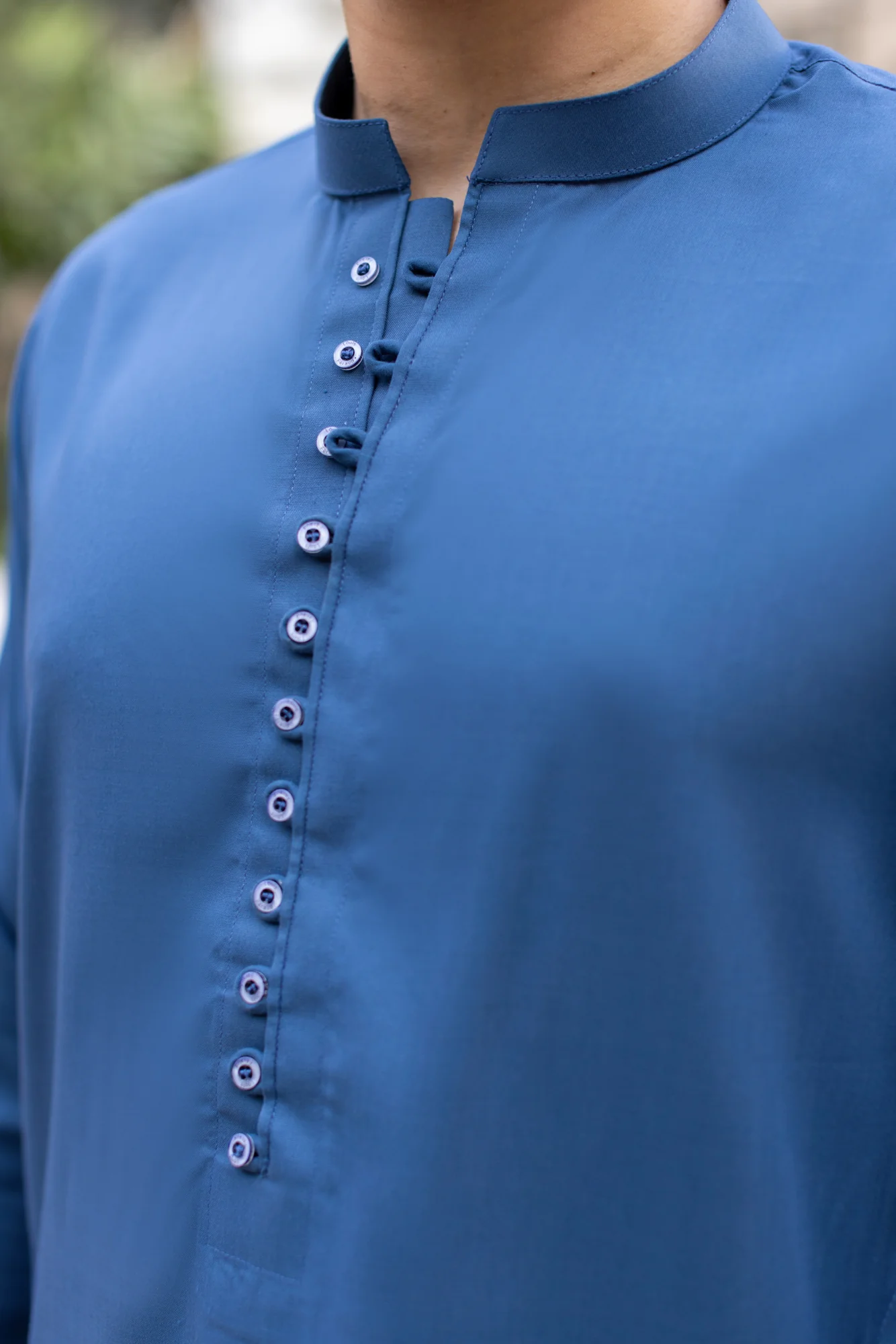 Denim Blue Hook Button Stitched Suit with Trouser - Image 3