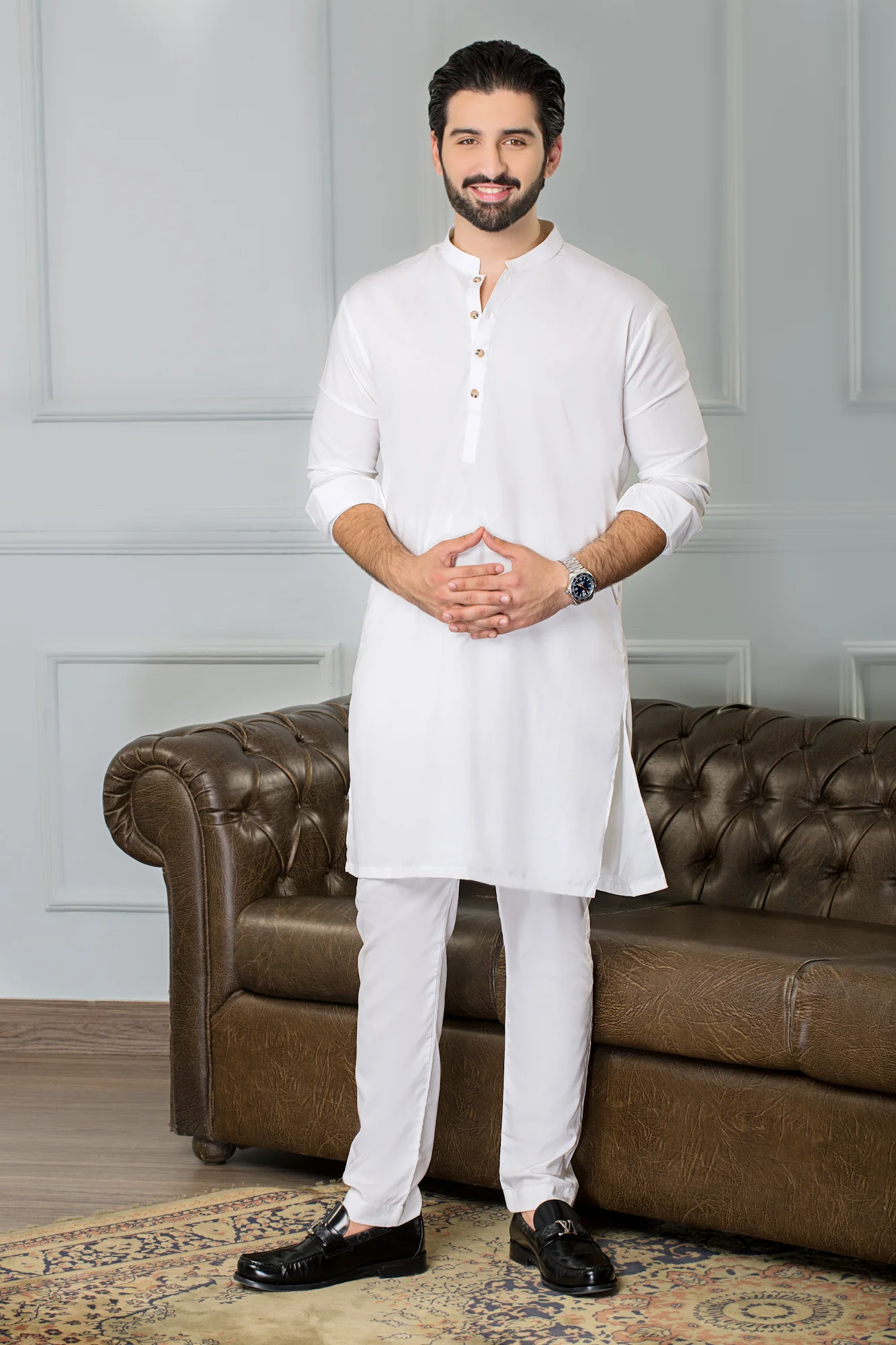 Dotted Stitched Formal Suit with Trouser - Eggwhite - Image 2