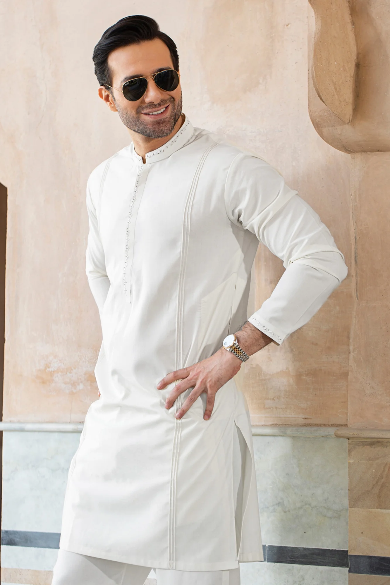 Egg-White embroidery neck ban sleeve with ankara stitch front