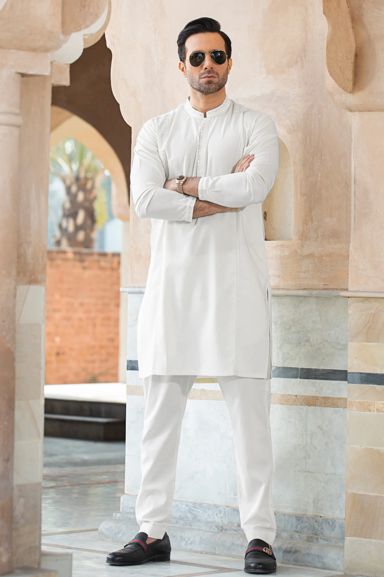 Egg-White embroidery neck ban sleeve with ankara stitch front - Image 2