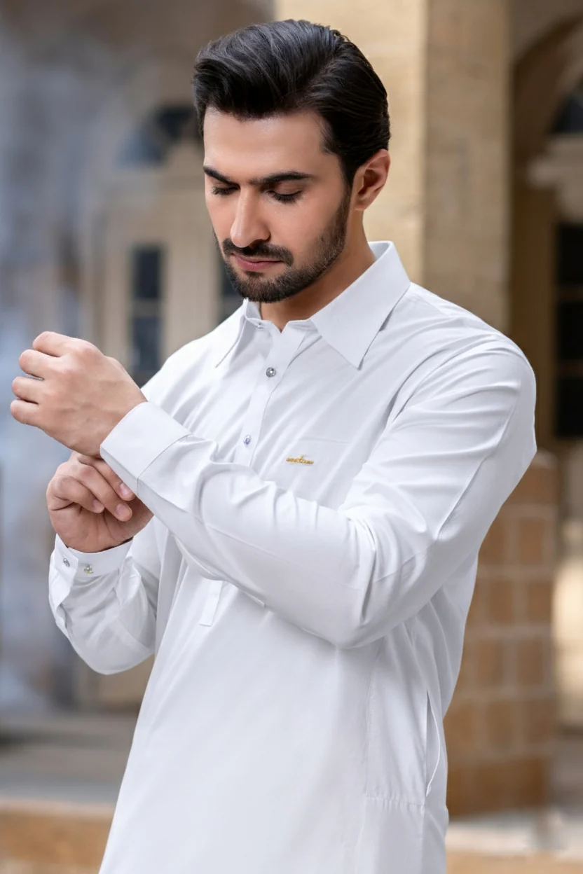 Italian collar Shalwar Kameez with signature badge-Egg white