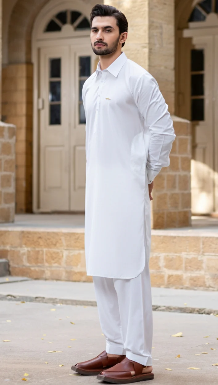 Italian collar Shalwar Kameez with signature badge-Egg white - Image 2