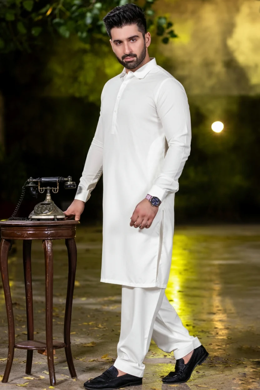 Spanish cut collar Shalwar Kameez-Egg white