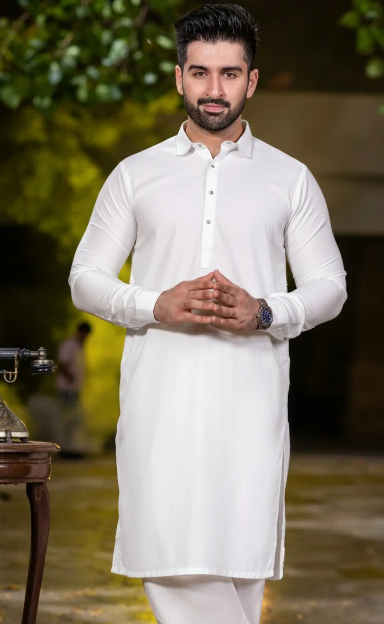 Spanish cut collar Shalwar Kameez-Egg white - Image 2