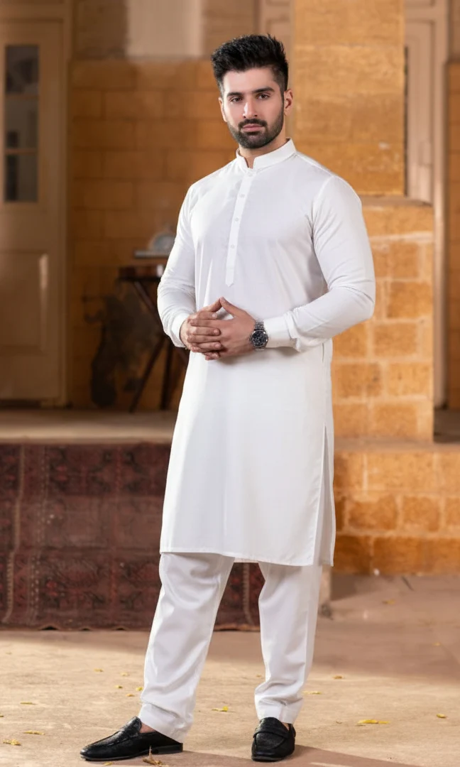 Long Ban Shalwar Kameez - Egg White - Image 2