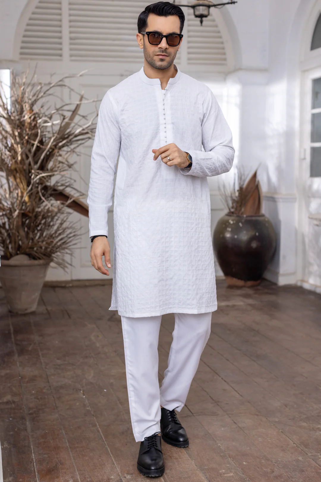 EID Special Allover Box Embroidered Collection with Trouser - Eggwhite