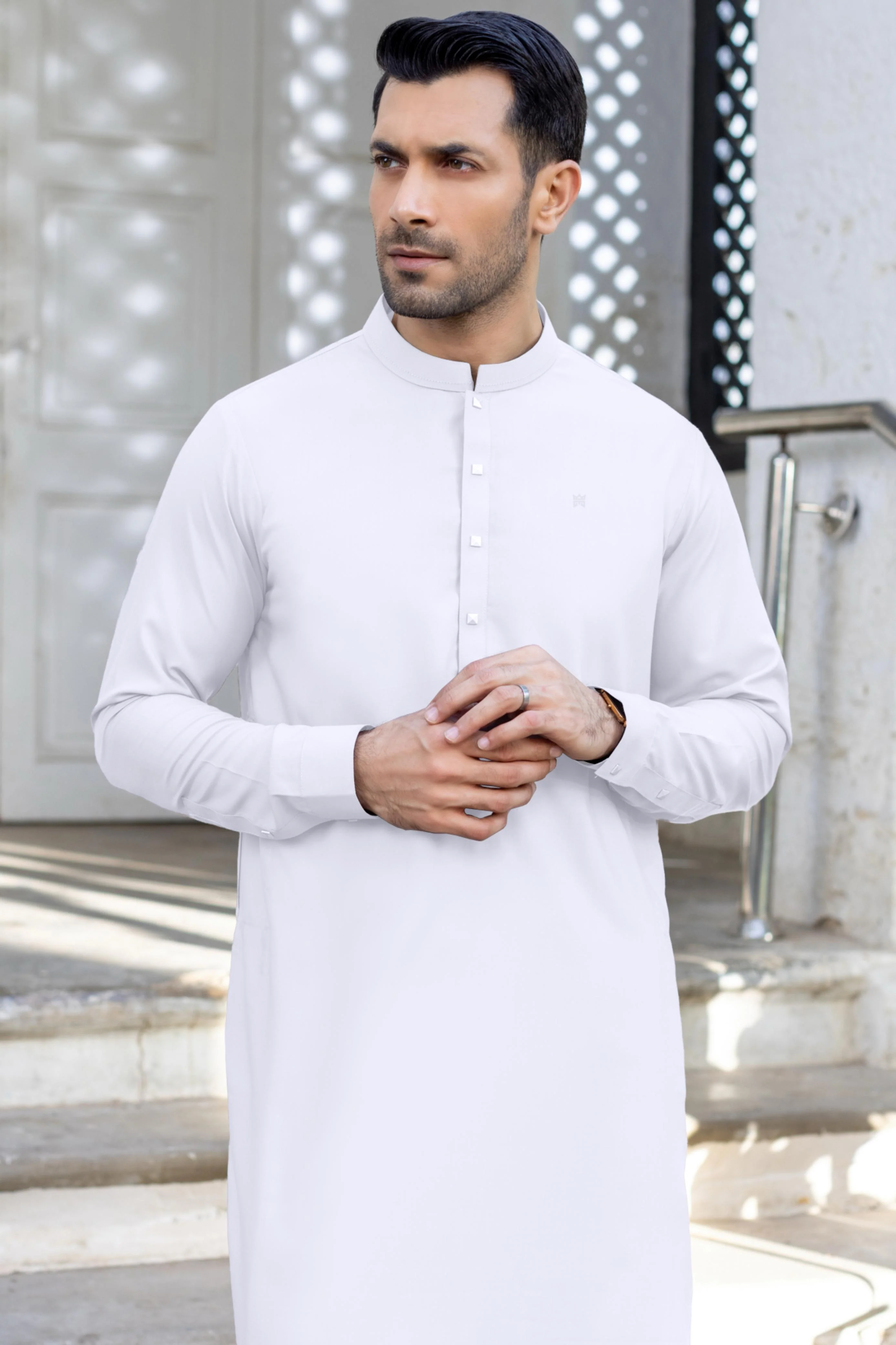 EID Pearl White Square Button with Logo Shalwar Suit