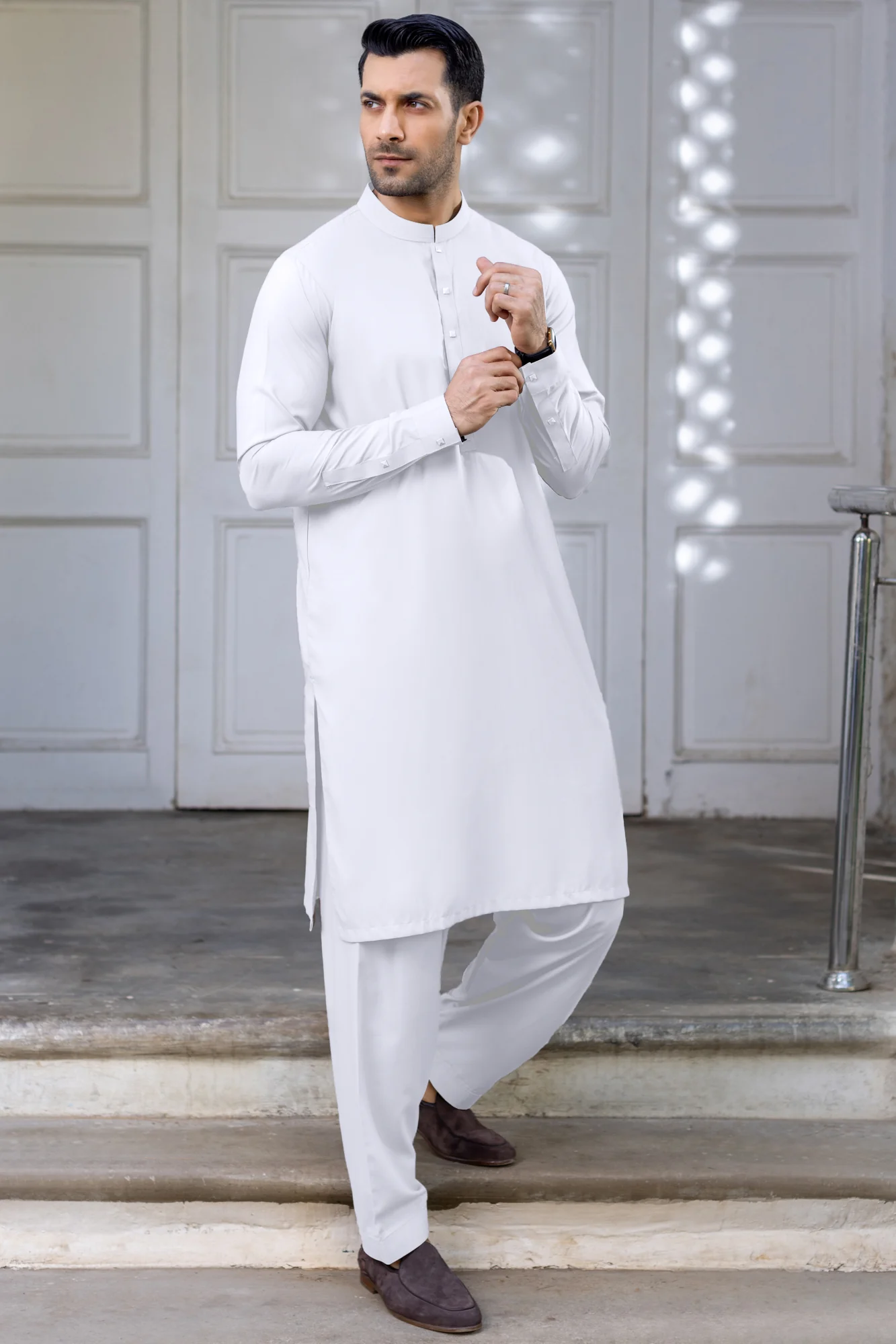 EID Pearl White Square Button with Logo Shalwar Suit - Image 2