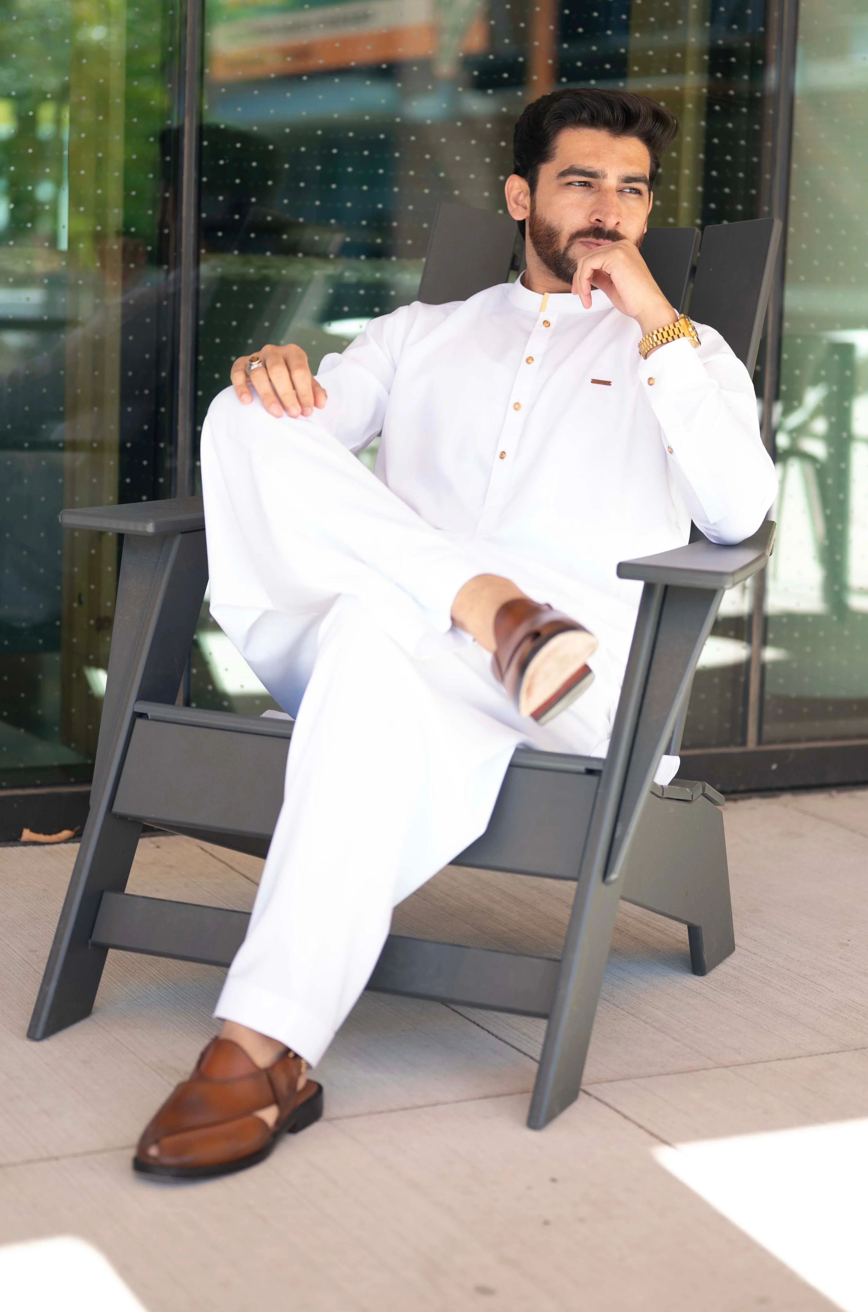 Formal Fall Mandarin Stitched Shalwar Kameez with Laser Badge - Egg White