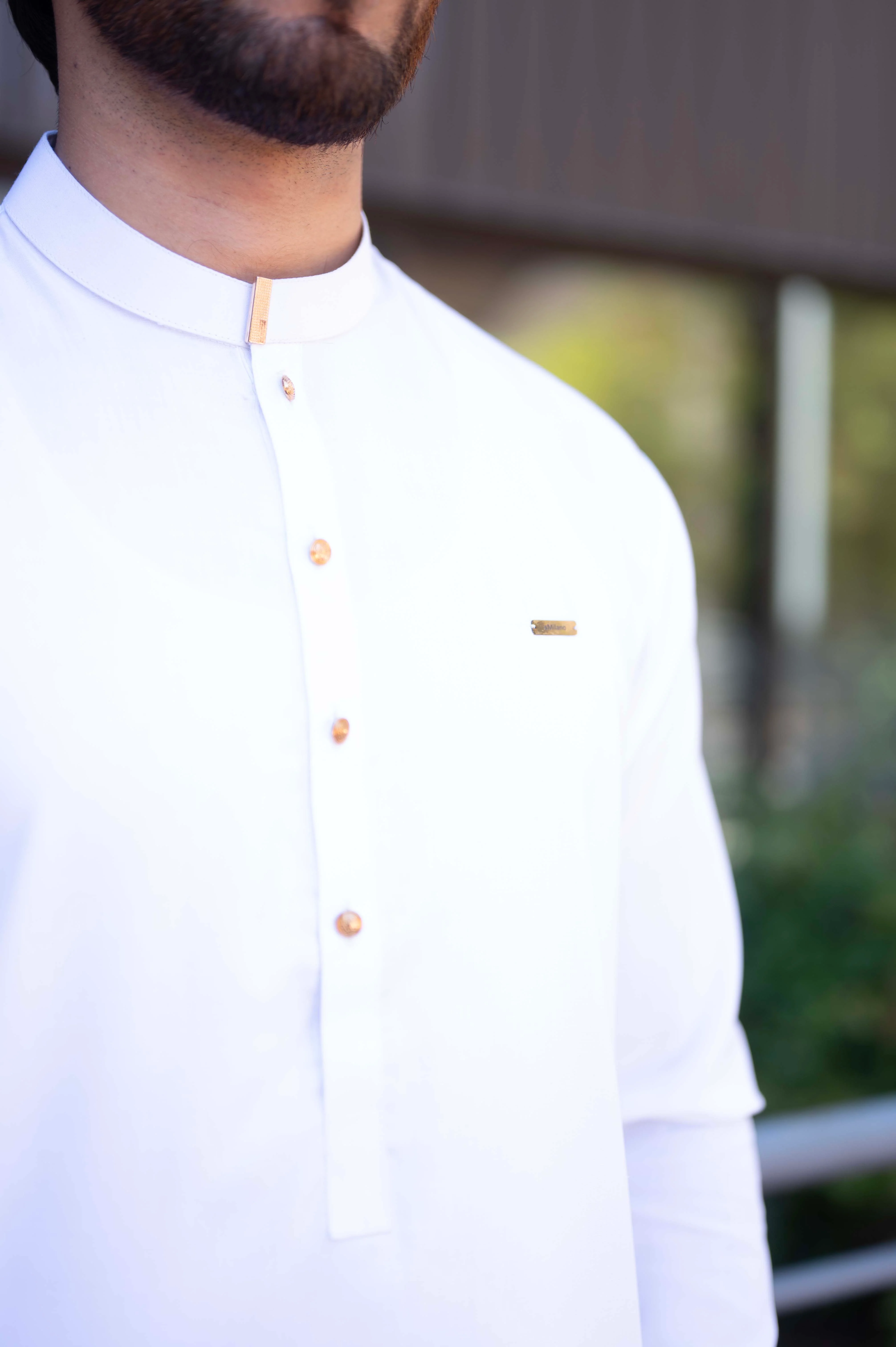 Formal Fall Mandarin Stitched Shalwar Kameez with Laser Badge - Egg White - Image 2