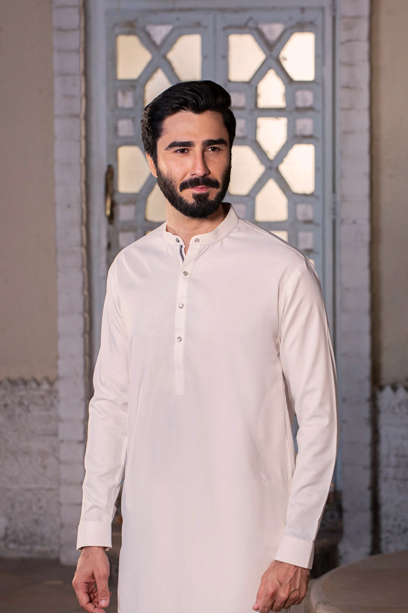 NAWABI METAL GLASS BUTTON STITCHED SUIT WITH SHALWAR - White - Image 2