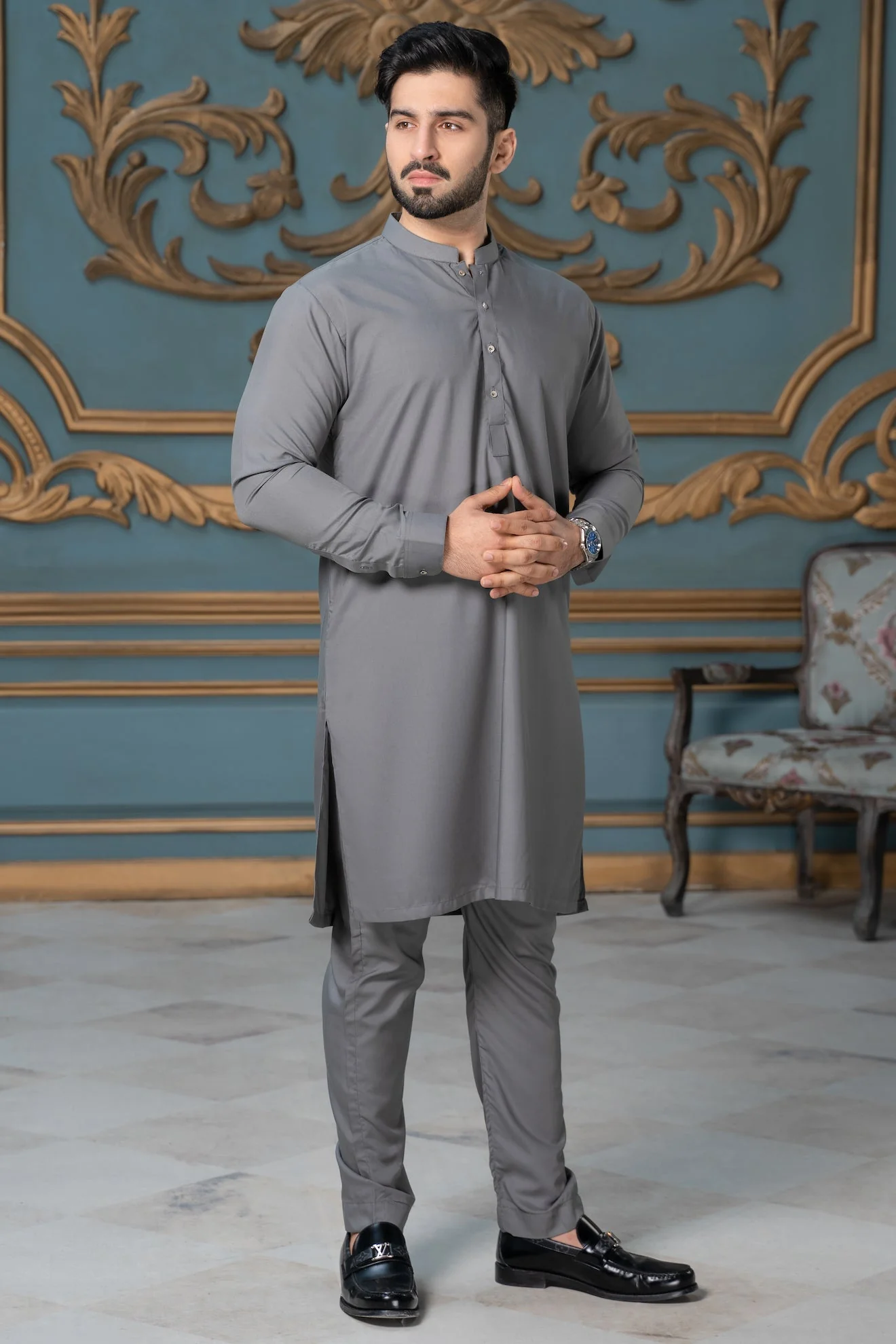 Festive Collection Stitched All Season Ban Suit - Grey Silver Button - Image 2